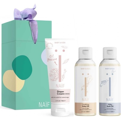 Naif Baby & Kids mliečny kúpeľový olej pre deti od narodenia 100 ml + upokojujúci olej pre deti 100 ml + krém na zapareniny pre deti od narodenia 75 ml