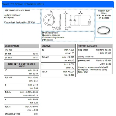 Pojistný kroužek spirálový WS-168 na hřídel, SMALLEY, 42,85mm x 1,24mm , materiál SAE1070-90 – Zboží Mobilmania