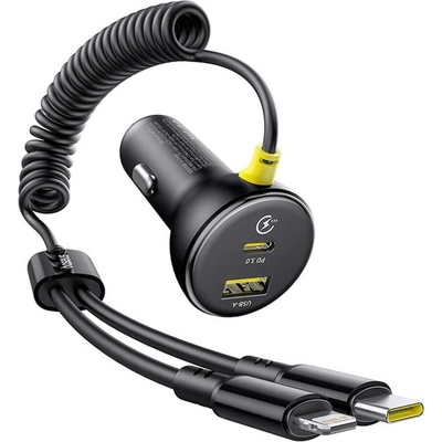 Зарядно за кола с вграден Lightning и USB-C кабели и USB-A и USB-C изходи - Baseus Circular 4 in 1 Fast Car Charger With Lightning And USB-C Cable 60W (черен) (C00035902121-01)