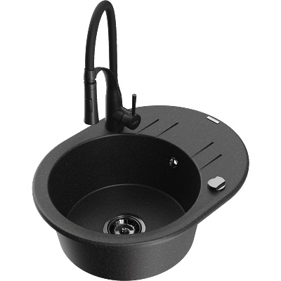 Mexen Kevin гранитна мивка с 1 отделение с отцедник и кухненски смесител Aster, черен/сребърен металик - 6517-73-73450-70-B (6517-73-73450-70-B)