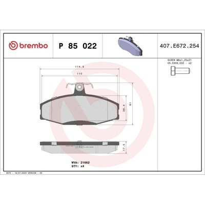 Sada brzdových destiček, kotoučová brzda BREMBO P 85 022