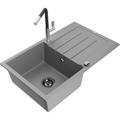 Mexen Bruno гранитна мивка с 1 корито с отцедник и кухненски смесител Flora, сив - 6513-71-670401-07-B (6513-71-670401-07-B)