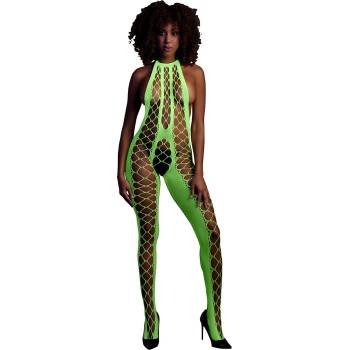 Ouch! Glow in the Dark Bodystocking with Halterneck Neon Green S/M/L