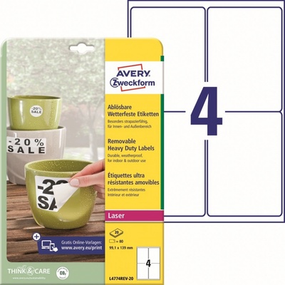 Avery Zweckform L4774REV-20 Odolné snímatelné etikety 99,1x139mm 80 ks bílá