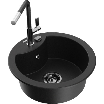 Mexen Diego гранитна мивка с 1 отделение и кухненски смесител Flora, черен - 6512-77-670401-07-B (6512-77-670401-07-B)