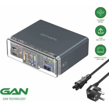 4smarts Lucid GaN Fast Wall Charger 300W - захранване за ел. мрежа за лаптопи, смартфони и таблети с 1xUSB-A и 3xUSB-C изходи с технология за бързо зареждане (тъмносив