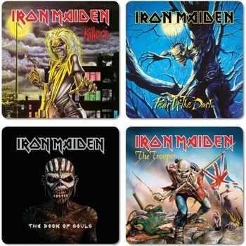 CurePink Tácky pod sklenice Iron Maiden: Obaly alb balení 4 ks 10x10