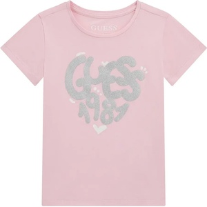 GUESS Тениска в розов цвят с къс ръкав за мини момиче със сребрист надпис Guess