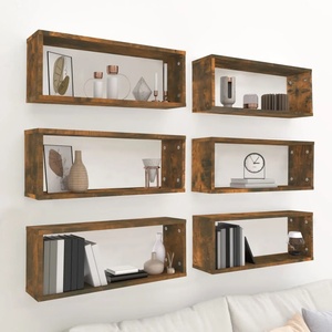 vidaXL Стенни рафтове, 6 бр, опушен дъб, 60x15x23 см, инженерно дърво (815926)