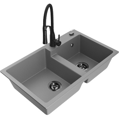 Mexen Tomas гранитна кухненска мивка с две отделения с кухненски смесител Aster, сив - 6516-71-73450-70-B (6516-71-73450-70-B)