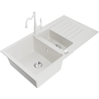 Mexen Matias гранитна мивка 1, 5-коморова с отцедник и кухненски смесител Carla, бял - 6502-20-670700-20 (6502-20-670700-20)