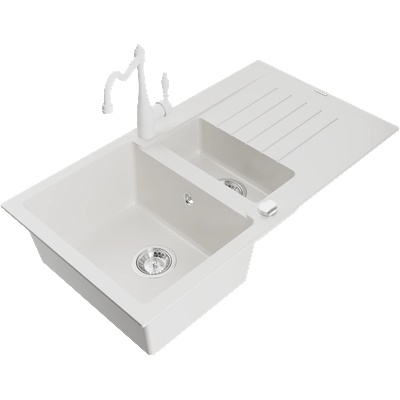 Mexen Matias гранитна мивка 1, 5-коморова с отцедник и кухненски смесител Carla, бял - 6502-20-670700-20 (6502-20-670700-20)