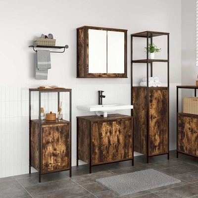 vidaXL Комплект мебели за баня 3 pcs Димящ дъб и черно Инженерно дърво (3328396)