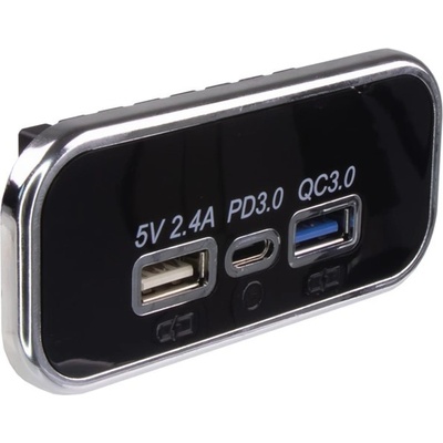 STU 34678.3 USB 2.4A + QC3.0 + USB-C PD zásuvka 12/24V, chromový rámeček