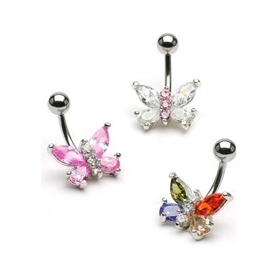 Šperky Eshop piercing do pupíku z oceli, barevný zirkonový motýl V15.22 Čirá - Růžová