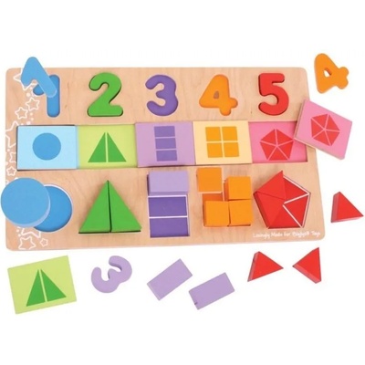 Bigjigs Toys Детски дървен пъзел Bigjigs - С числа и геометрични форми (BJ459)