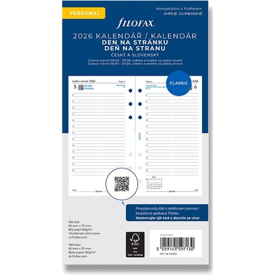 Filofax Denný kalendár 2026, deň/1 strana náplň osobných diárov , ČJ + SJ