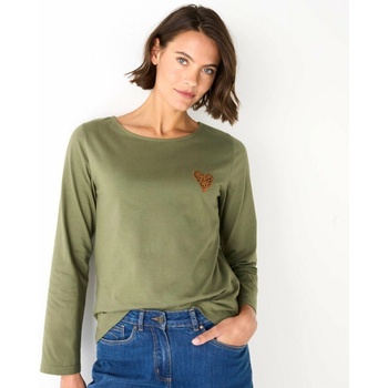 Blancheporte Jednofarebné tričko s dlhými rukávmi a nášivkou srdca khaki čokoládová