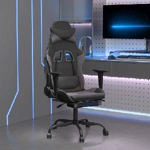 vidaXL Гейминг стол с опора за крака, черно и cиво, изкуствена кожа (3143657)