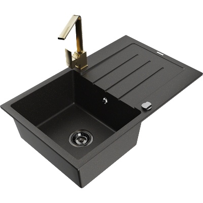 Mexen Bruno гранитна мивка с 1 камера и отцедник, с кухненски смесител Rita, черен/златист металик - 6513-75-670300-50-B (6513-75-670300-50-B)