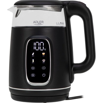Adler Електрическа кана Adler AD 1305 BS, 1850/2200 W, 1.7 л, Сензорен контрол, Цветен LCD дисплей, Пет температурни настройки 40-100°C, Филтър против утаяване, Черен/сив (99AD1305BS)