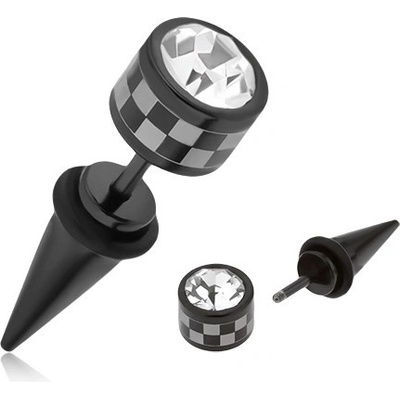 Šperky eshop ocelový fake taper do ucha černá šachovnicový vzor čirý zirkon PC04.28