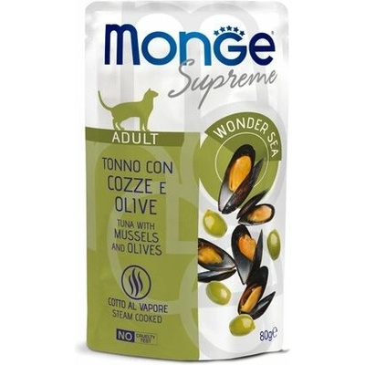 MONGE Supreme Adult kapsička tuniakové kúsky s mušlami a olivami pre dospelé mačky 80 g