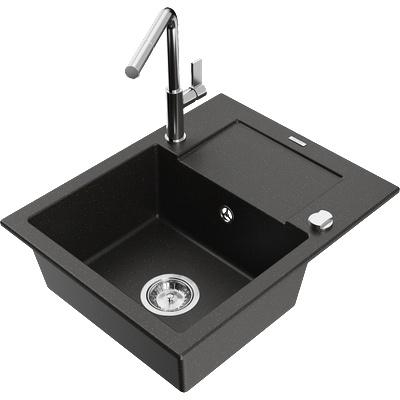 Mexen Enzo гранитна мивка с 1 отделение с отцедник и кухненски смесител Flora, черно/златно металик - 6506-75-670401-00 (6506-75-670401-00)