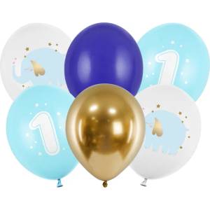 PartyDeco Латексови балони - Първи рожден ден, синьо слонче, 6 бр