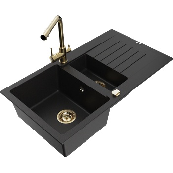 Mexen Matias гранитна мивка 1, 5-корпусна с отцедник и кухненски смесител Duero, черен - 6502-77-671600-50 (6502-77-671600-50)