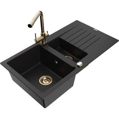 Mexen Matias гранитна мивка 1, 5-корпусна с отцедник и кухненски смесител Duero, черен - 6502-77-671600-50 (6502-77-671600-50)