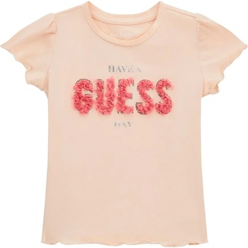 GUESS Тениска в прасковен цвят за мини момиче с текстилен надпис и пайети Guess