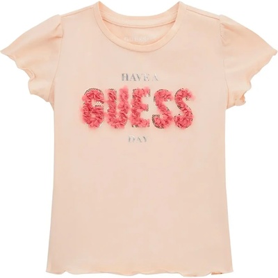 GUESS Тениска в прасковен цвят за мини момиче с текстилен надпис и пайети Guess