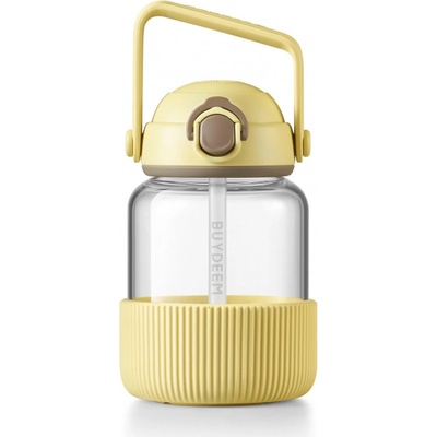 BUYDEEM Преносима бутилка за напитки Buydeem DG78-MY, Изскачаща сламка, Дръжка, Термоустойчиво стъкло до 150°C, Тройно уплътнение, Жълт (DG78-MY)