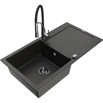 Mexen Leo гранитна мивка с 1 отделение с отцедник и кухненски смесител Aster, черно/златен металик - 6501-75-73450-07-B (6501-75-73450-07-B)