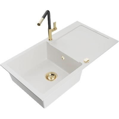 Mexen Leo еднокамерен гранитен мивка с отцедник и кухненски смесител Flora, бял - 6501-20-670401-57-G (6501-20-670401-57-G)