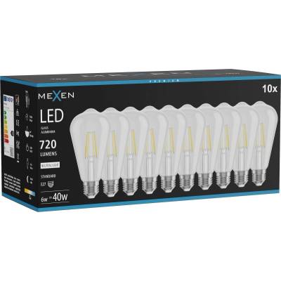 Mexen Vintis 10x LED филамент крушка E27, ST64, 6W, Неутрална - 4000K, 720 lm, прозрачен (L152-E27-0640-00x10)