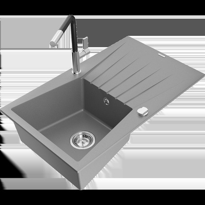Cesar кухненска мивка от гранит с 1 отделение с отцедник и кухненски смесител Flora, сив - 6514-71-670401-07 (6514-71-670401-07)