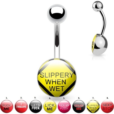 Šperky Eshop piercing do bříška z oceli stříbrné barvy nápisy zalité čirou glazurou PC40.15 Motivy: 02.
