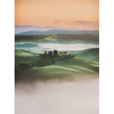 Plakát, Obraz - Tuscany sunrise landscape view of green, serts, 30 × 40 cm