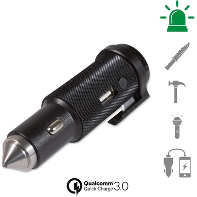 4smarts Fast Car Charger VoltRoad Emergency 4in1 QC3.0 18W - мултифункционални зарядно за кола с остър връх за чупене на стъкло и фенерче (черен)
