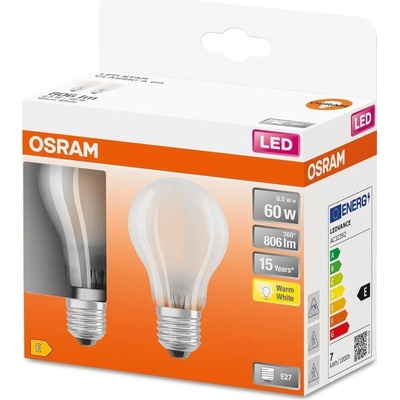 Osram Sada LED žárovek klasik, 6,5 W, 806 lm, teplá bílá, E27, 2 ks LED STAR CL A GL FR 60 NON-DIM 7W