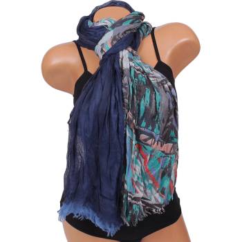 Image 1 of Стилен шал в два нюанса синьо с цветни орнаменти