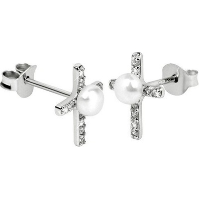 JwL Luxury Pearls strieborné náušnice Krížik s pravou perlou a zirkónmi JL0368