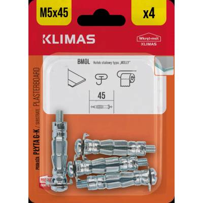 Klimas Wkret-Met 5x45mm - 4 ks - Hmoždinka rozperná oceľová do sadrokartónu "MOLLY" M5 x 45 blister, BMOL