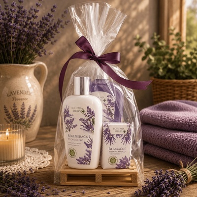 Bohemia Gifts & Cosmetics Botanica Levandule tekuté mýdlo 300 ml + tělové mléko 250 ml + tuhé mýdlo 100 g dřevěná paleta dárková sada