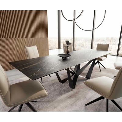 DELIFE Jídelní stůl Edge 200-300x100 keramika Laminam®Noir Desir hnědá podnož plochá ocelová černá rozkládací