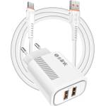 S-Link мрежово зарядно устройство - SL-EC50 (2xUSB, 5V/2, 4A, 12W, бързо зареждане, Micro-USB кабел за данни и зареждане с дължина 100 см, бял) (35312)
