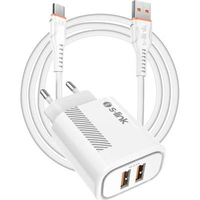 S-Link мрежово зарядно устройство - SL-EC50 (2xUSB, 5V/2, 4A, 12W, бързо зареждане, Micro-USB кабел за данни и зареждане с дължина 100 см, бял) (35312)