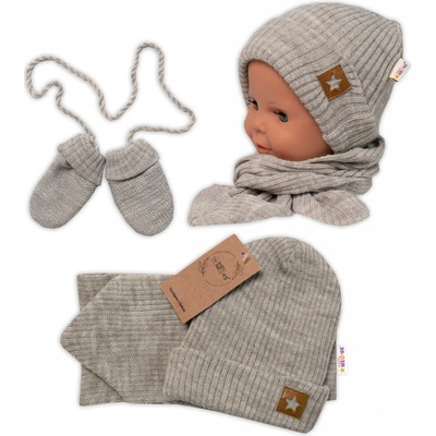 Baby Nellys Pletená čiapka so šálom a rukavičky 3v1, STAR béžová